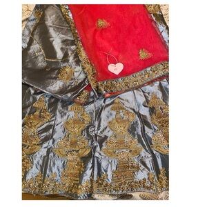 Lehenga - unstitched - bright gray/silver & pink